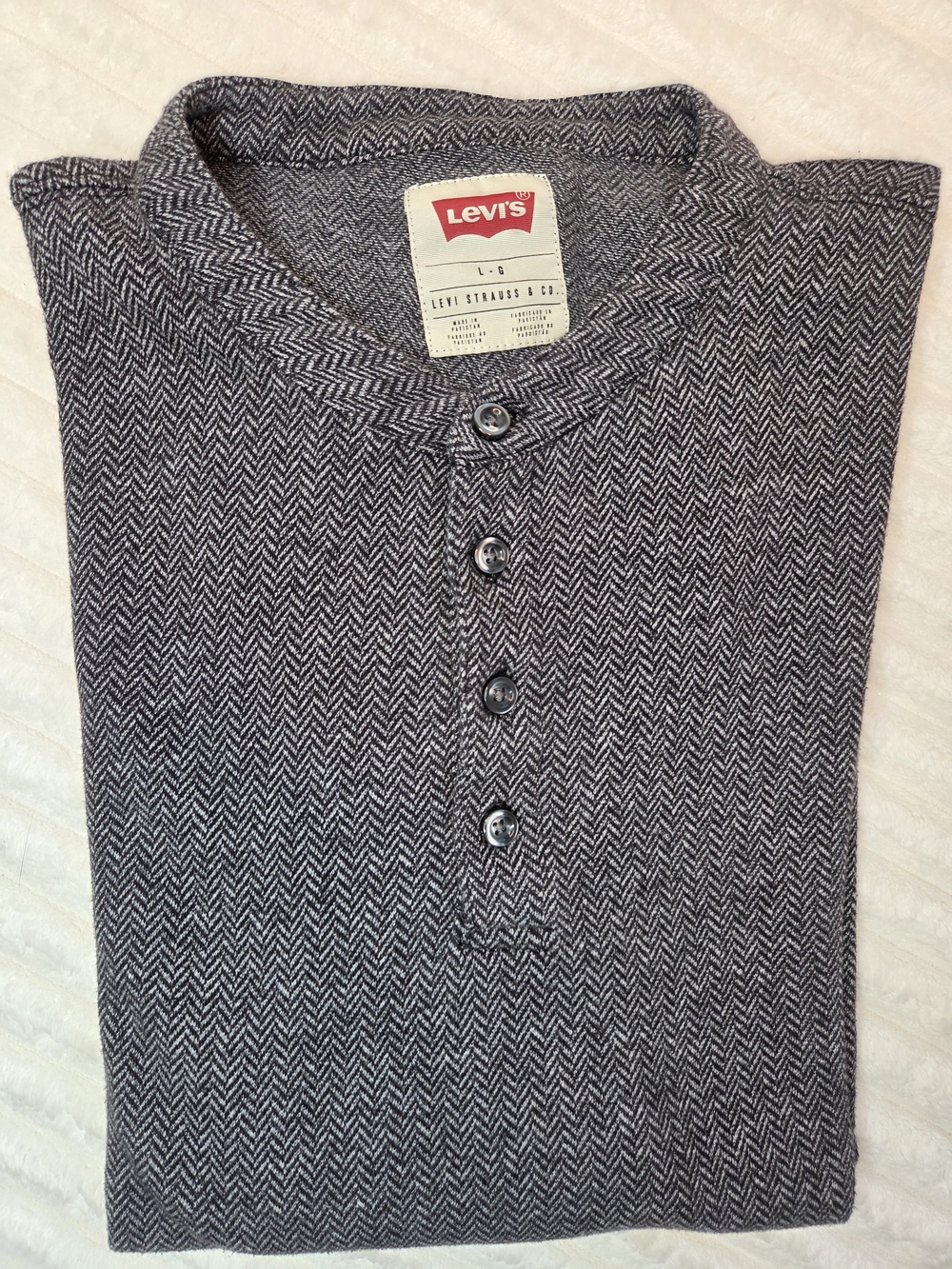 Levi’s Mens Herringbone Henley Shirt Gray Black Long Sleeve Size L